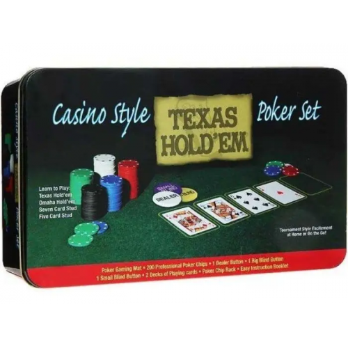 Покерний набір на 200 фішок Texas Holdem (жерстяна коробка)